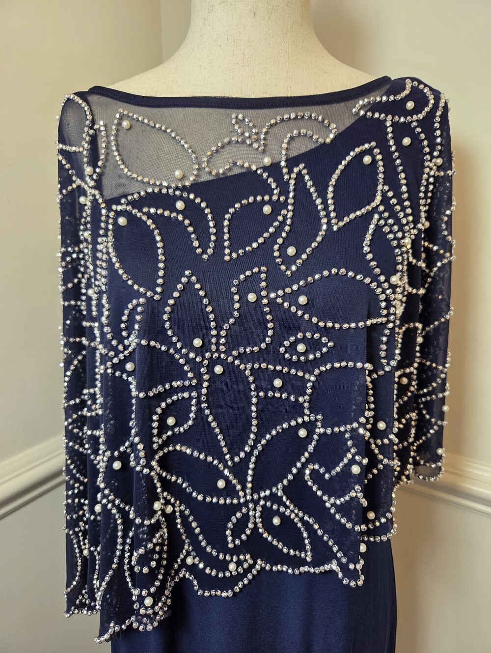 MSK Navy Embellished Cape Formal Gown Rhinestone Pearl Maxi Dress M - Picture 2 of 13